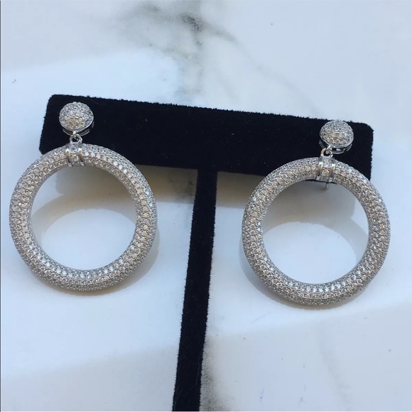 14k white gold diamond pave earrings stud hoops - Picture 8 of 8